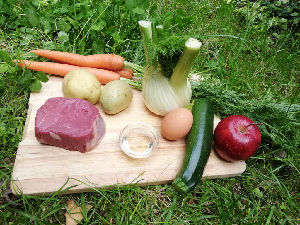 Mögliche Zutaten für ein BARF Mahlzeit: Rohfleisch, Kartoffeln, Karotten, Fenchel, Ei, Öl, Zucchini, Apfel